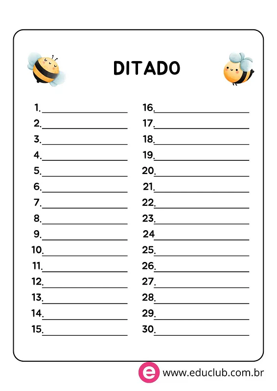 Folha para ditado com 20 palavras | Educlub